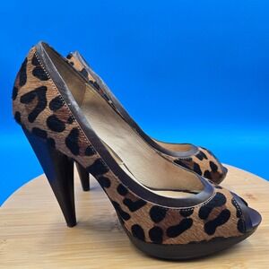 Michael Michael Kors Leopard Calf Hair Peep Toe Platform Pumps Brown Womens 7.5M